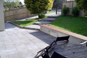 paved outdoor patio timber bench seat 